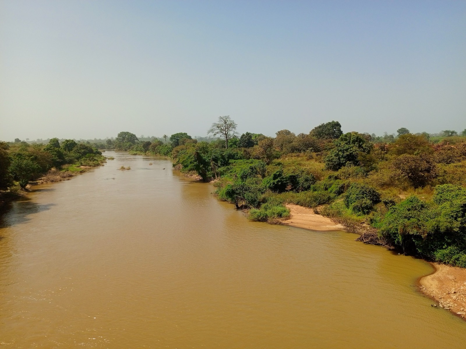 Vue du Parc national de la Marahoué, traversé par la rivière Marahoué, entre savane et forêt dense.